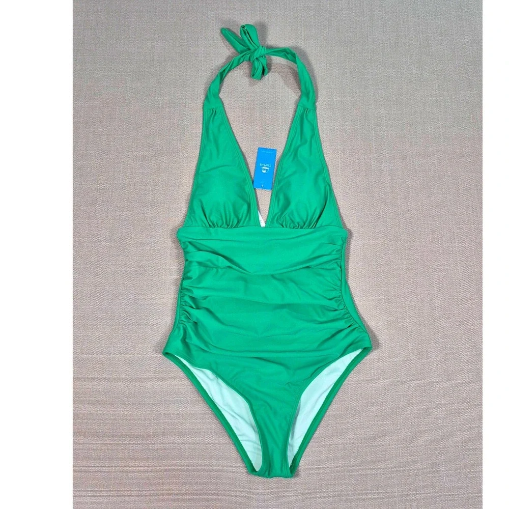 Cupshe Green Ruched Halter One Piece Swimsuit Tummy Control Padded Size‎ S New